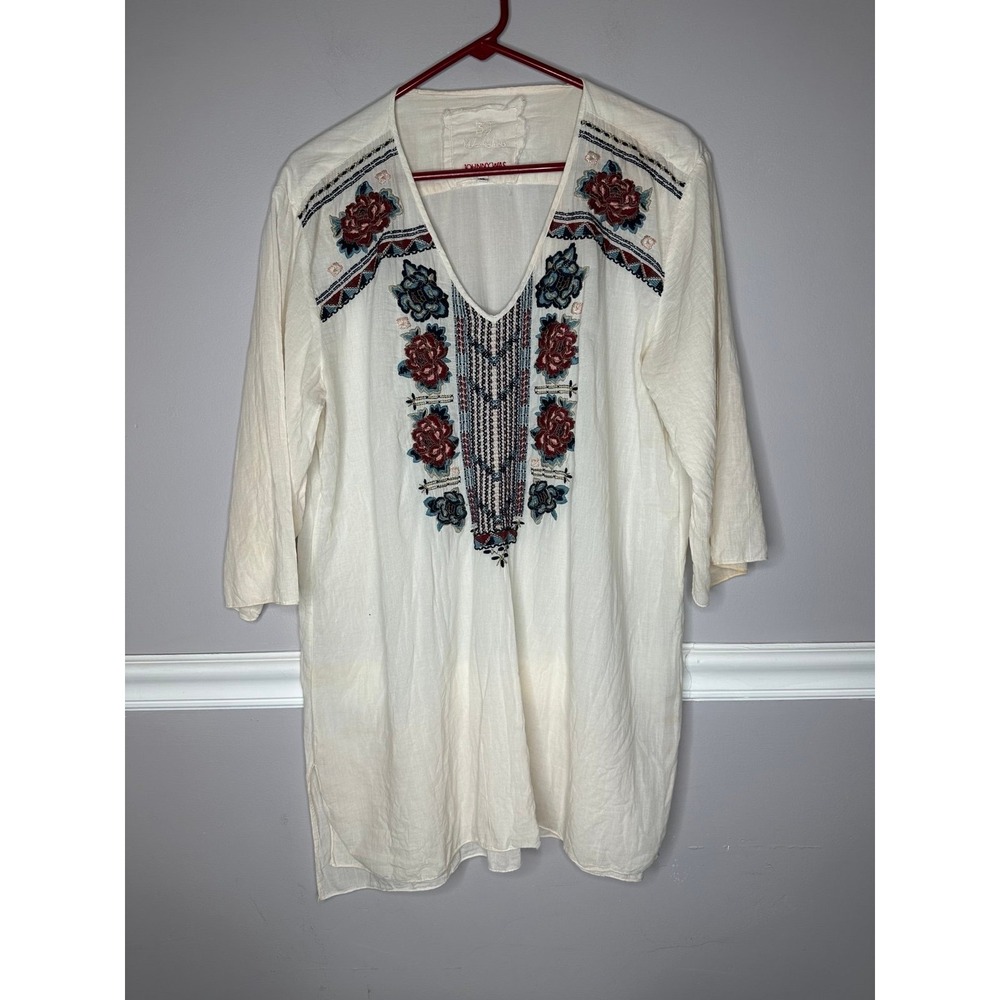 Johnny Was 3J Workshop sz XL Tunic Embroidered Lightweight Cream Roses boho